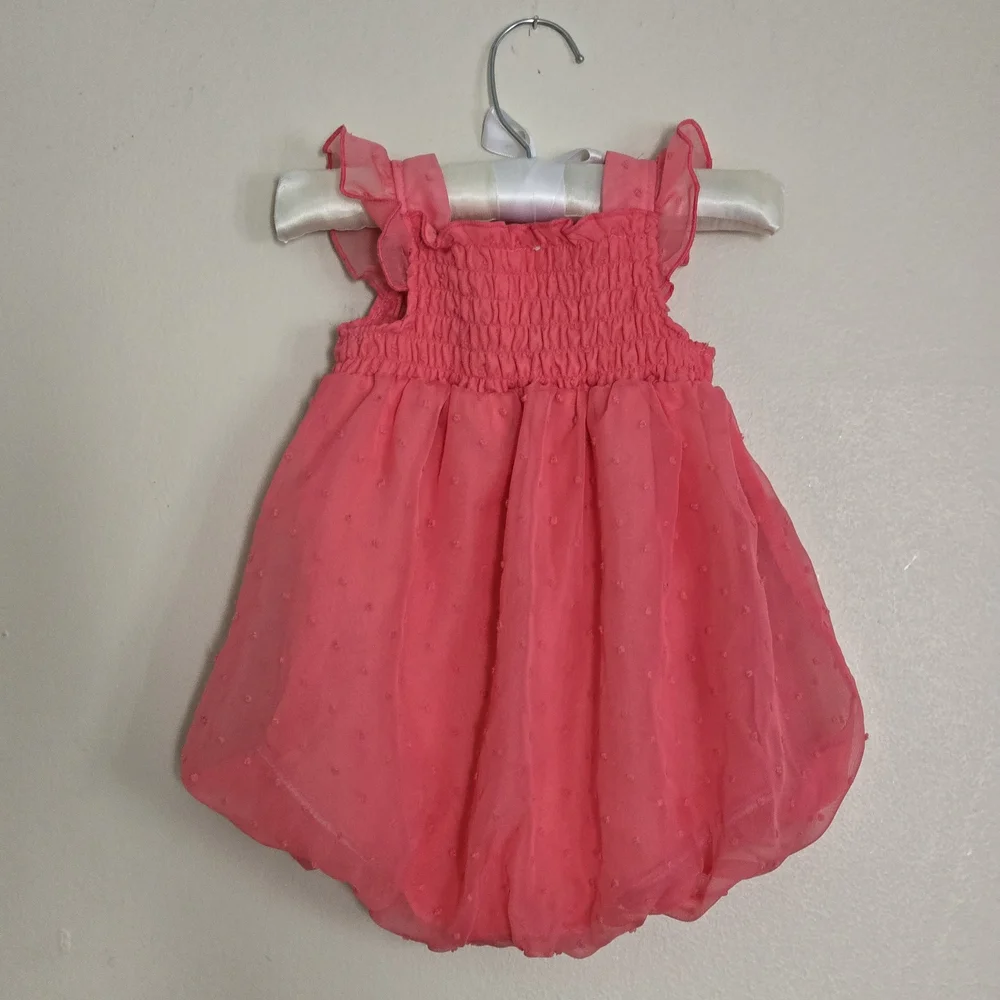 Coral Pink Baby Girl Romper with Flower Accent - Picture 2 of 3